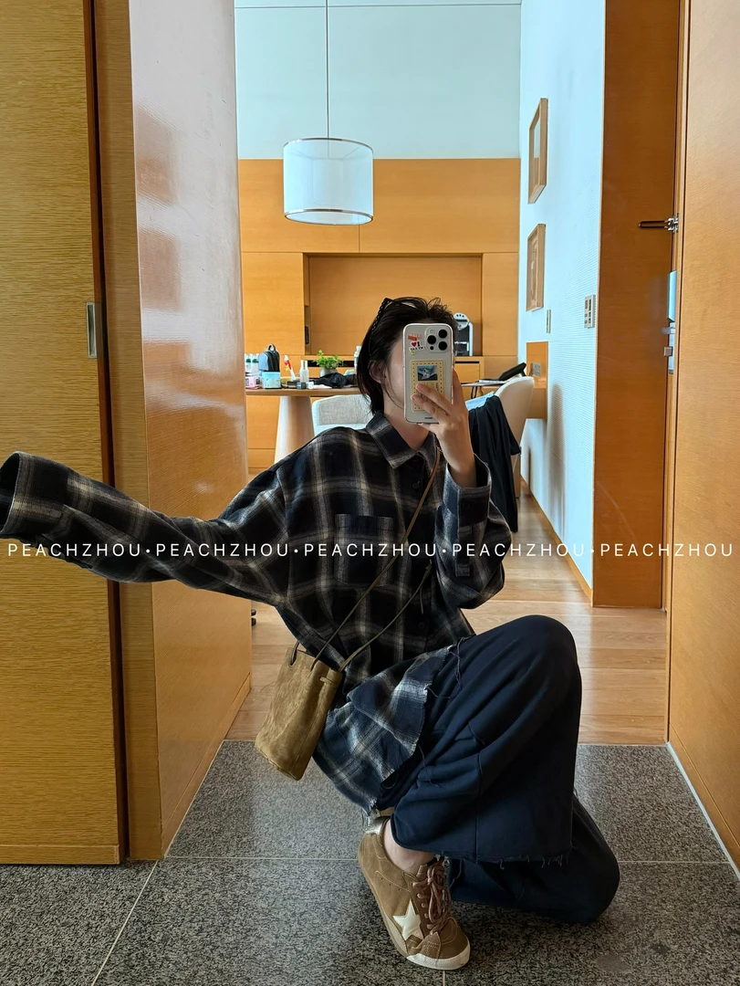 『PEACHZHOU』经典流苏毛边格子衬衫宽松翻领松弛男友风廓形长袖