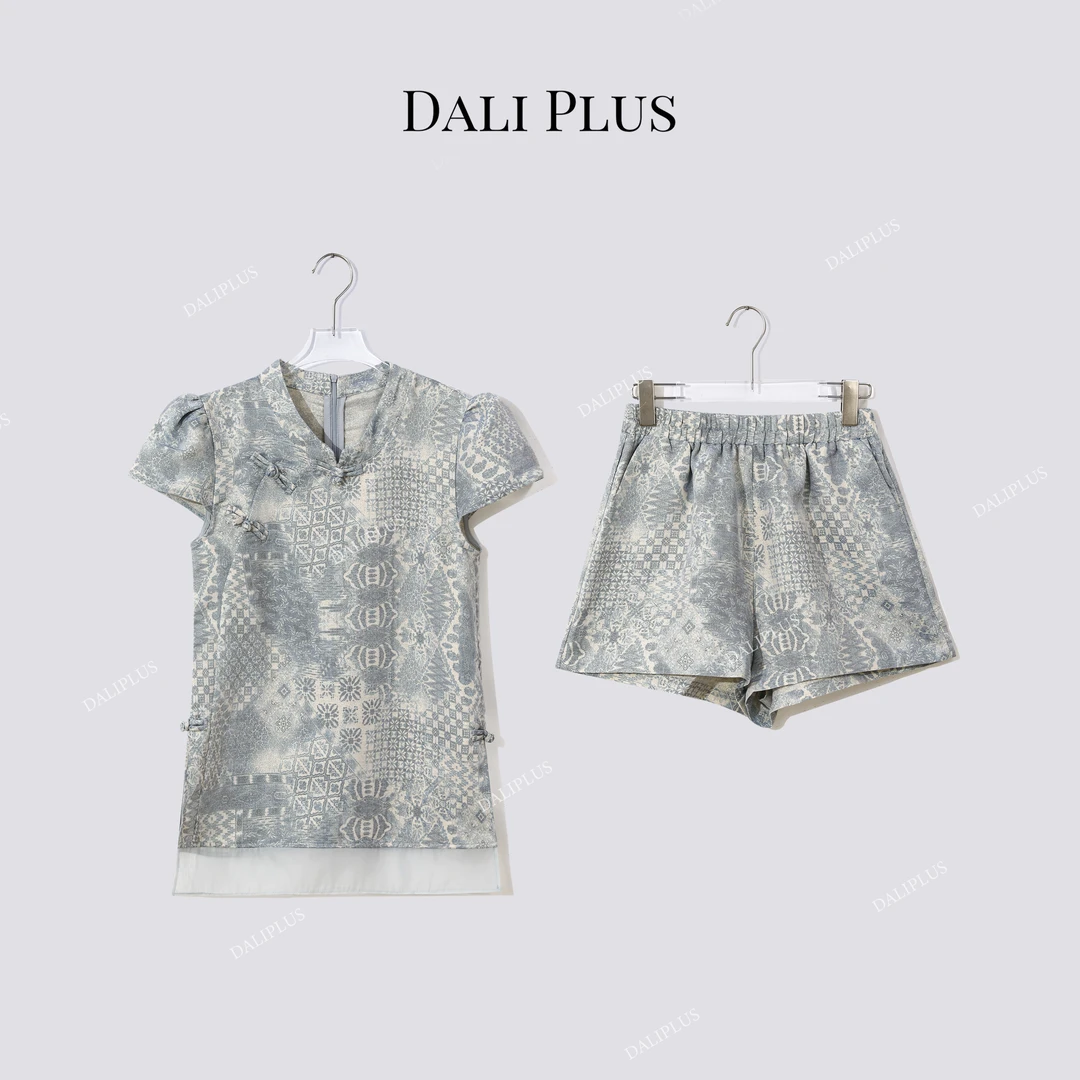 DALI PLUS“套装系列”新中式恋夏风印花上衣+松紧腰短裤-D5CH4562