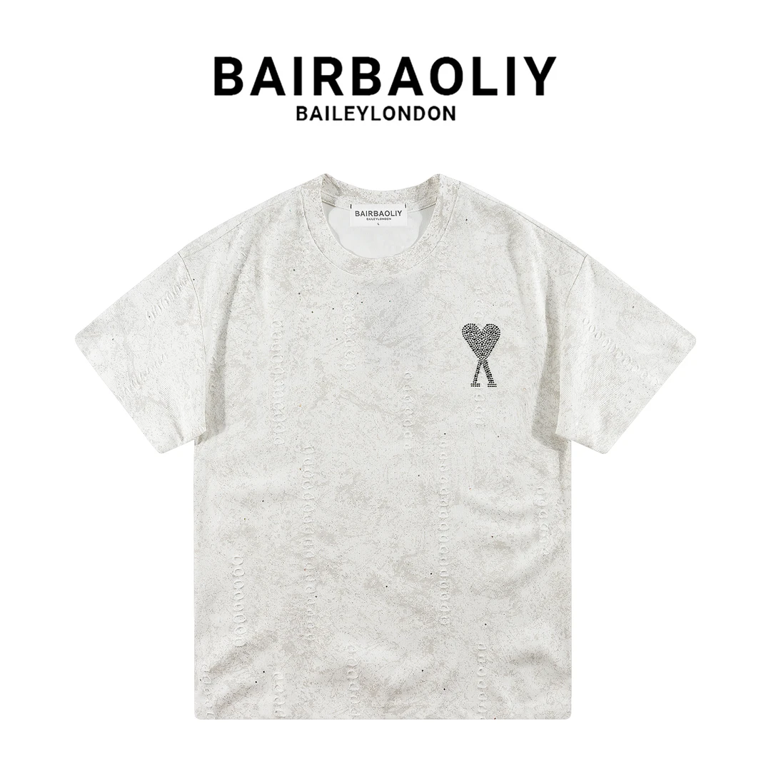 BAIRBAOLIY轻奢高级满天星破洞短袖男女情侣款小爱心宽松半袖T恤