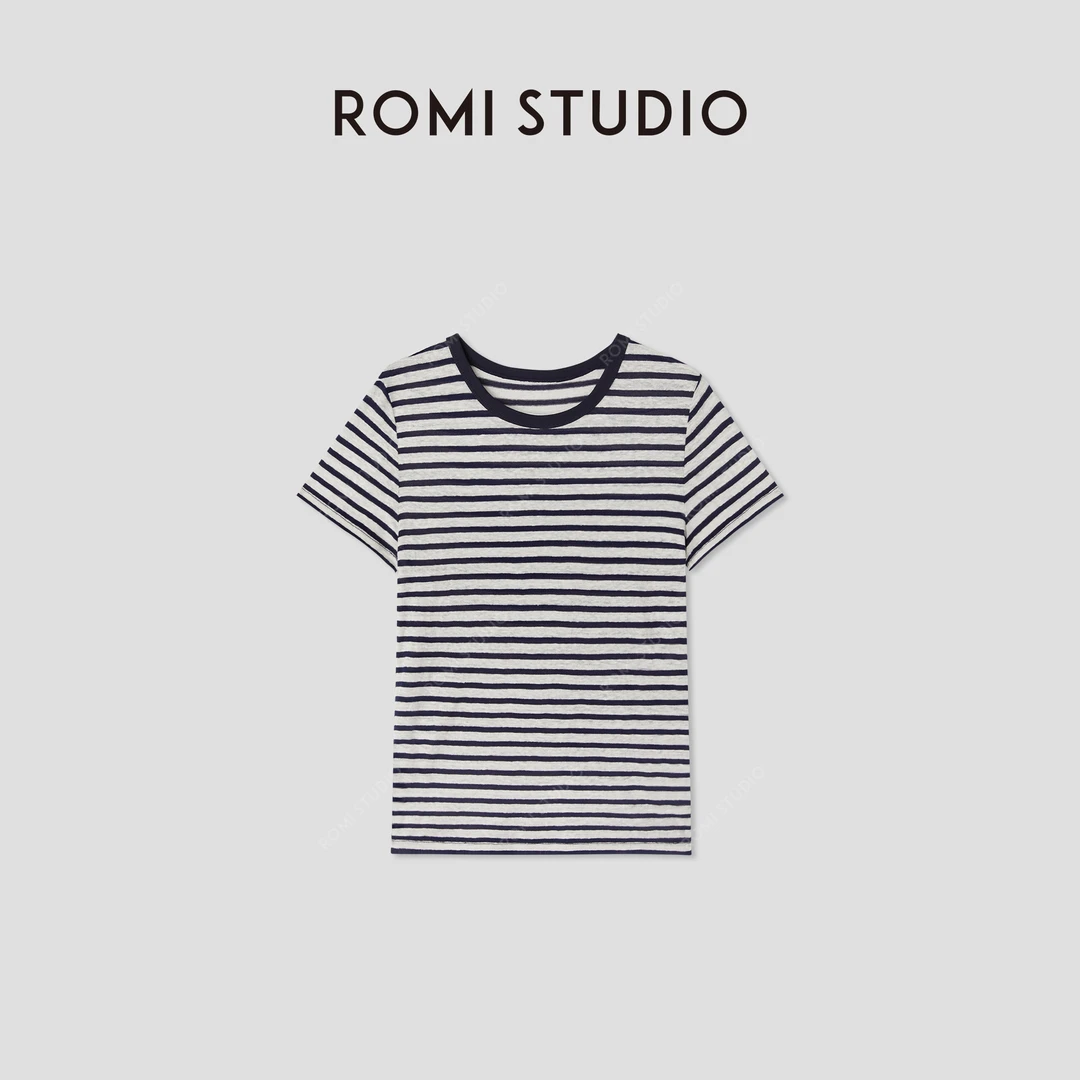 ROMI STUDIO经典复古进口亚麻混纺休闲条纹圆领短袖T恤RWCSSG2896