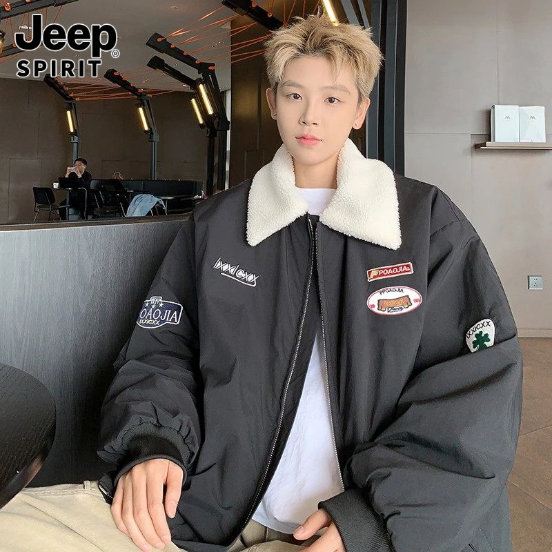 Jeepspirit吉普冬新款羊羔绒翻领棉服夹克棒球服外套百搭潮流上衣