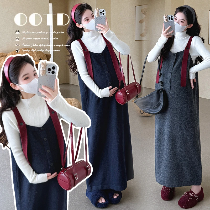 实拍新款2025秋季新品高级感背带针织连衣裙孕妇长款套装