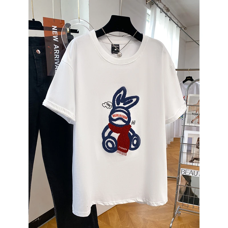 夏季韩版慵懒风纯棉刺绣短袖t恤女大码胖mm2025独特超好看上