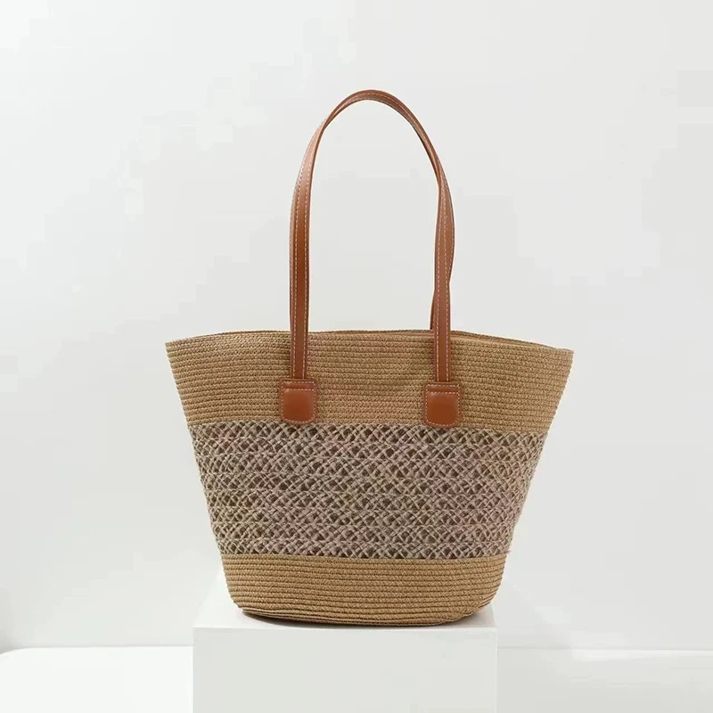 棕色白镂空草编包包【C28】