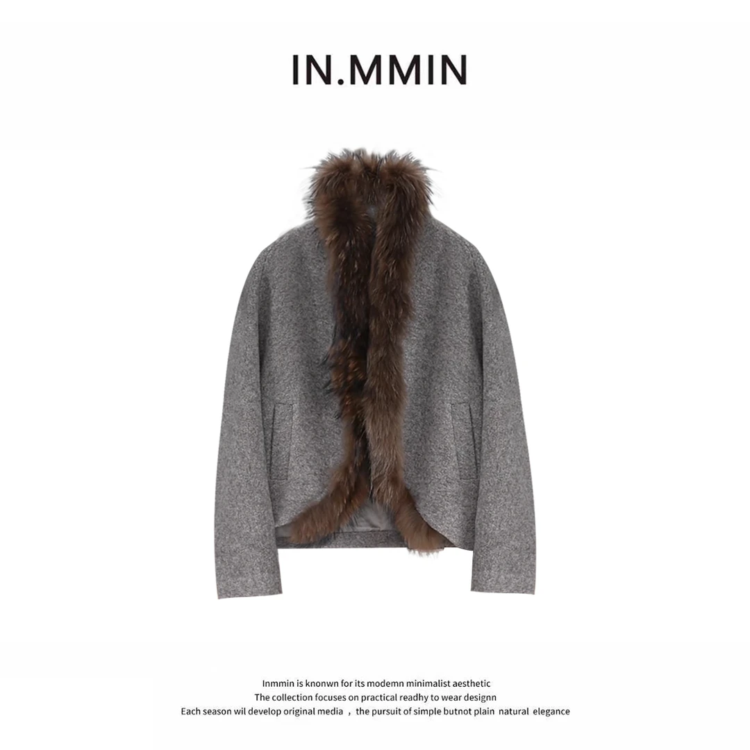 INMMIN03 羊毛羊驼两色复古毛领门襟气质女蝙蝠袖苏力短款大衣