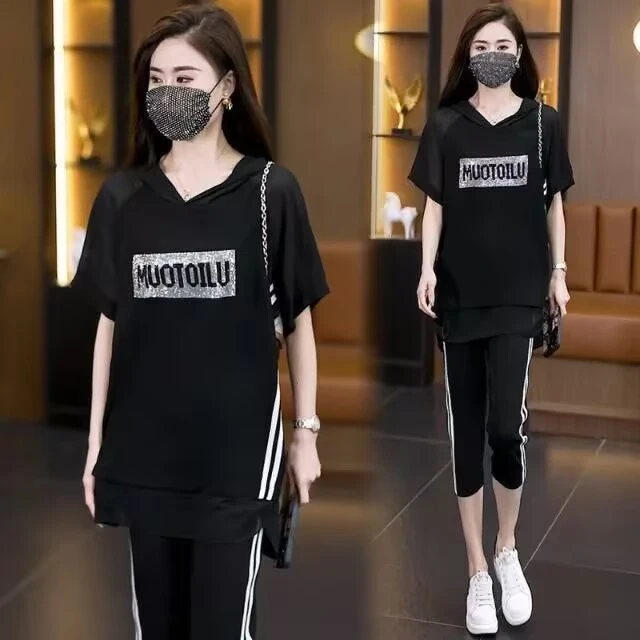 微胖mm大码女装休闲套装女士夏季显瘦洋气减龄妈妈装运动服两件套