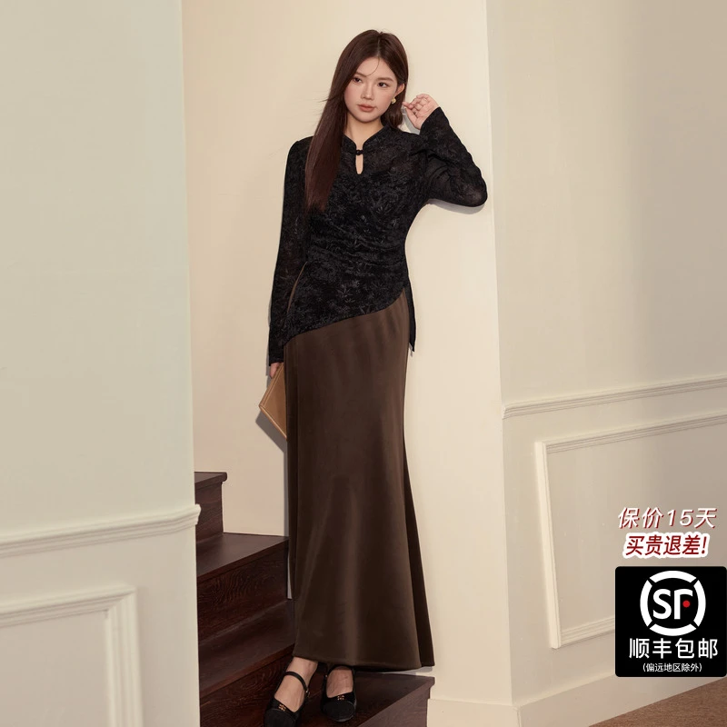 蓝语大码女装新中式压花长袖国风上衣冬新款不规则掐腰显瘦打底