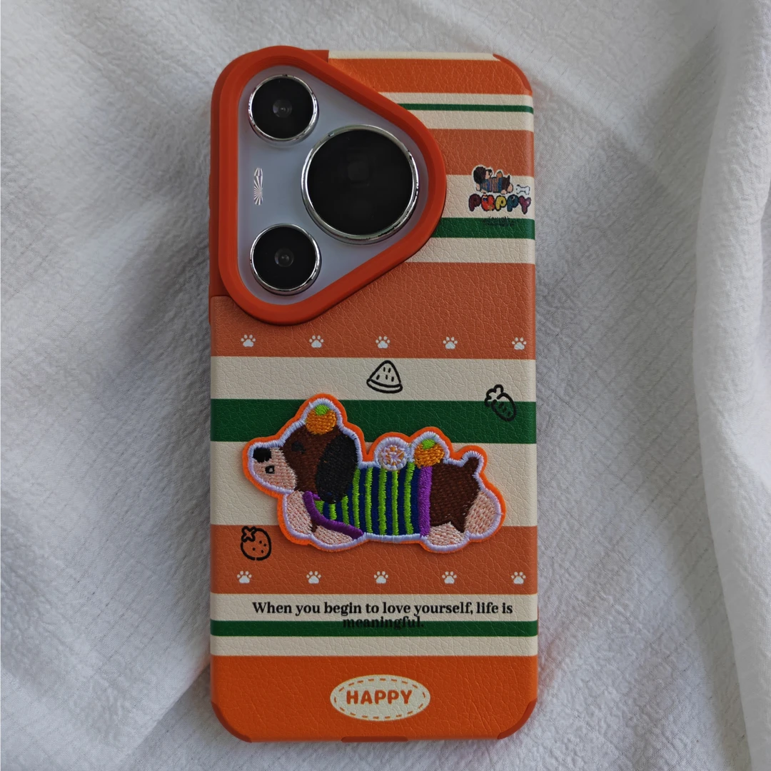 适用华为pura70pro手机壳mate70pro橙色刺绣狗狗pura80pro挂绳