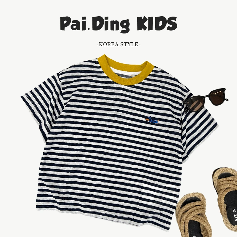 【小首尔】Q现货-夏装儿童撞色条纹休闲宽松百搭圆领短袖T恤SJ5836