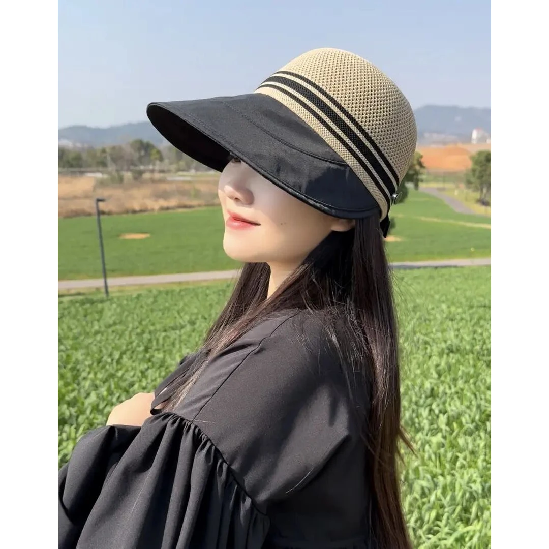 户外出游防紫外线帽子大帽檐遮阳帽女春夏季网顶防晒漏马尾鸭舌帽