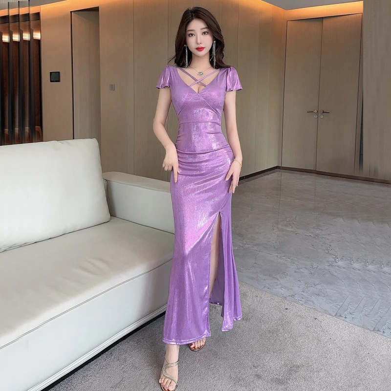 名媛气质时尚性感低胸紫色连衣裙夏季收腰显瘦开叉晚装礼服长裙子