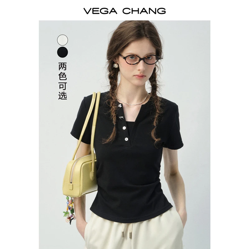 VEGA CHANG短袖女t恤2026新款夏V领纽扣修身显瘦正肩上衣0677SQ