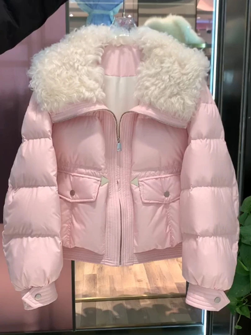 巨好看韩系粉色短款棉服上衣女2025年冬新款毛领加厚保暖工装外套