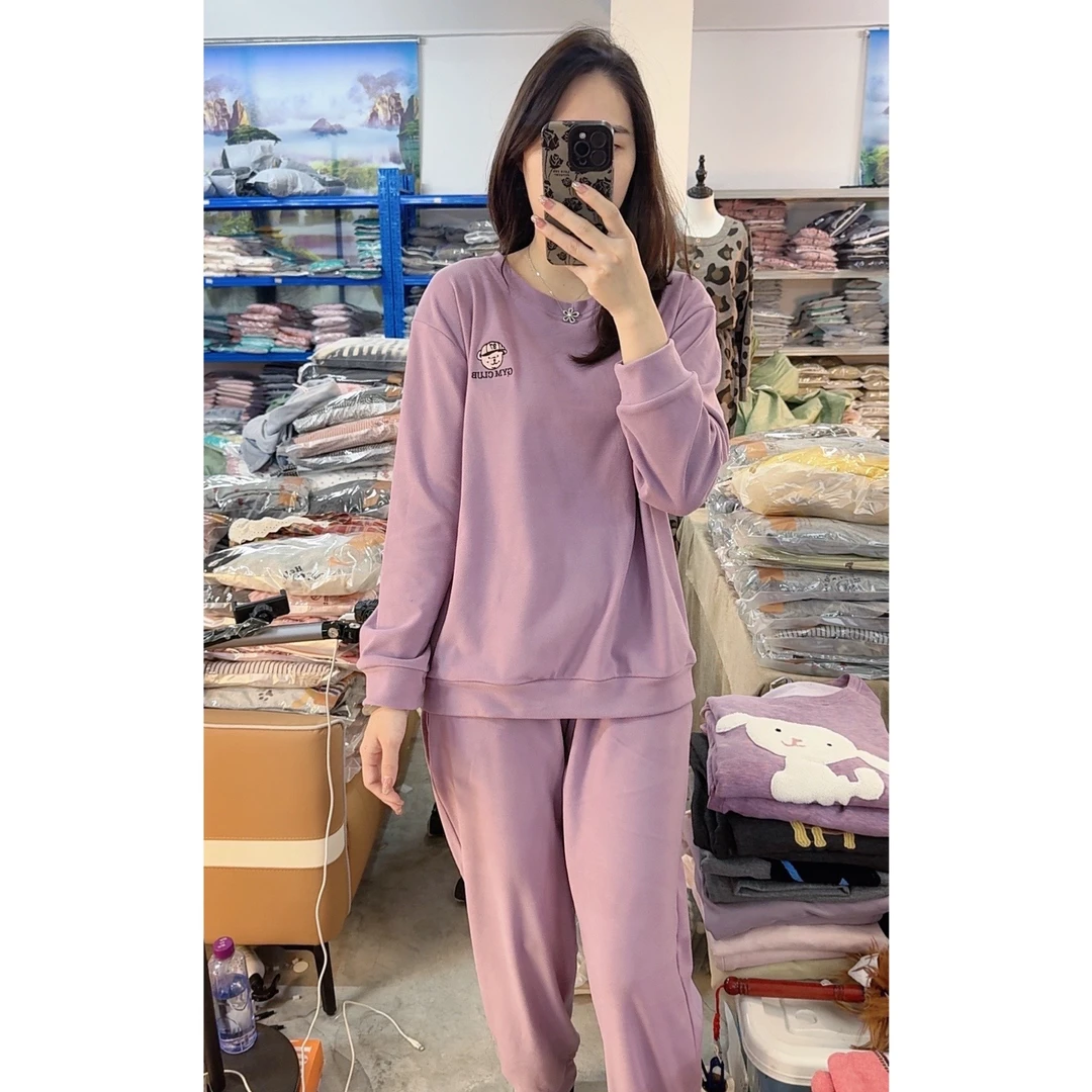 睡衣女冬季新款德绒长袖长裤时尚简约休闲宽松家居服套装（魔仙紫）