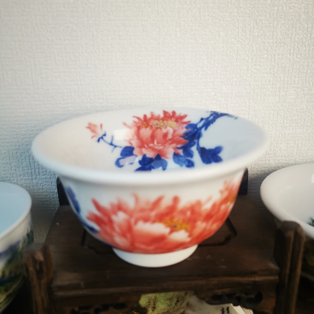 忠意堂釉下彩高温瓷手绘红牡丹茶杯陶瓷