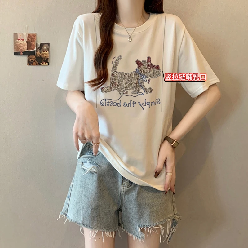 哺乳衣夏装卡通印花圆领正肩短袖母乳T恤产后竖拉链方便喂奶上衣