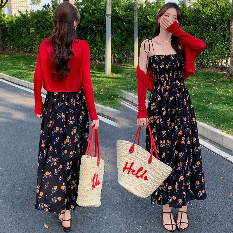 法式慵懒风气质风女装套装时尚长裙韩版收腰长袖吊带裙高腰碎花裙
