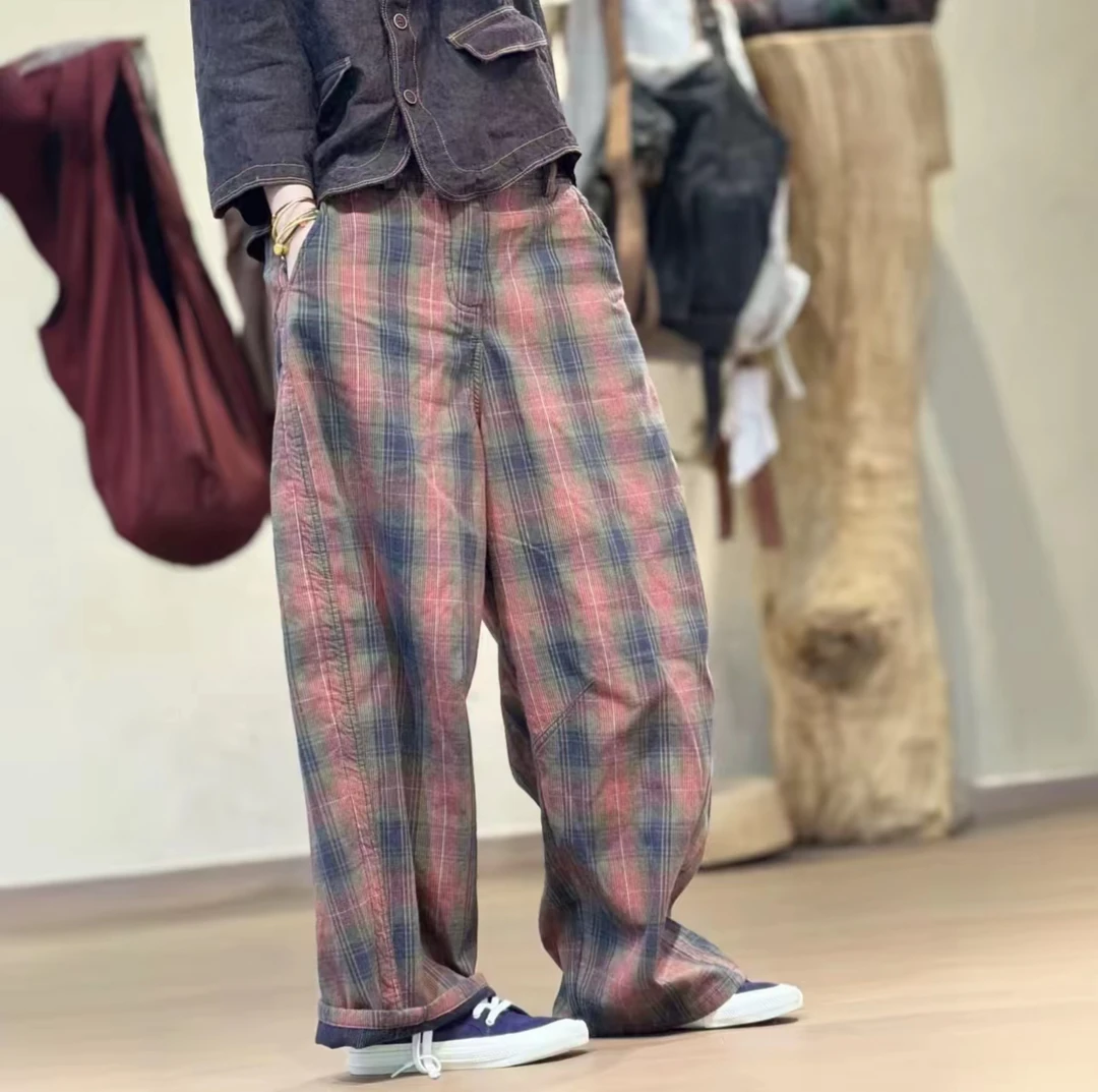 忆古朴拙色织提花双面坑条休闲长裤250335宽松格纹春夏
