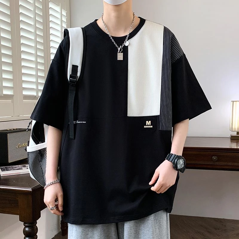 O.U.W棉料短袖t恤男士2025夏季潮流冰丝吸汗青少年上衣服拼接半袖