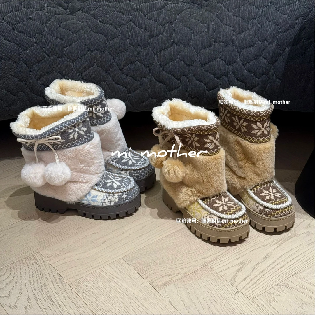 mi mother“森林麋鹿”加厚 加毛 雪地靴中筒北欧风加绒雪地靴棉鞋