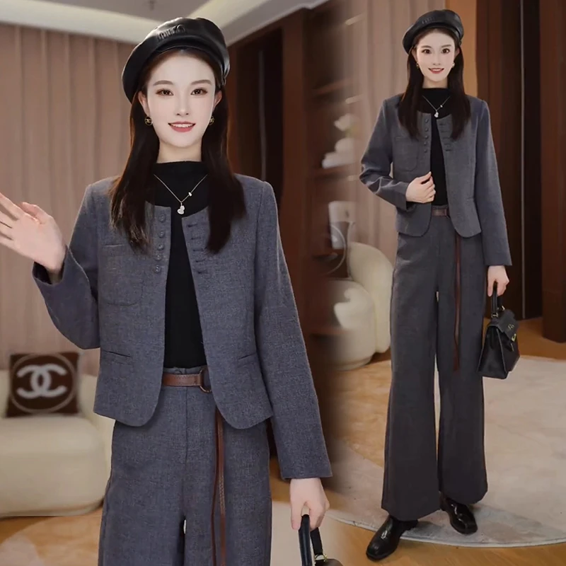 时尚毛呢套装女士秋季新款洋气减龄长袖短外套阔腿裤巨好看三件套