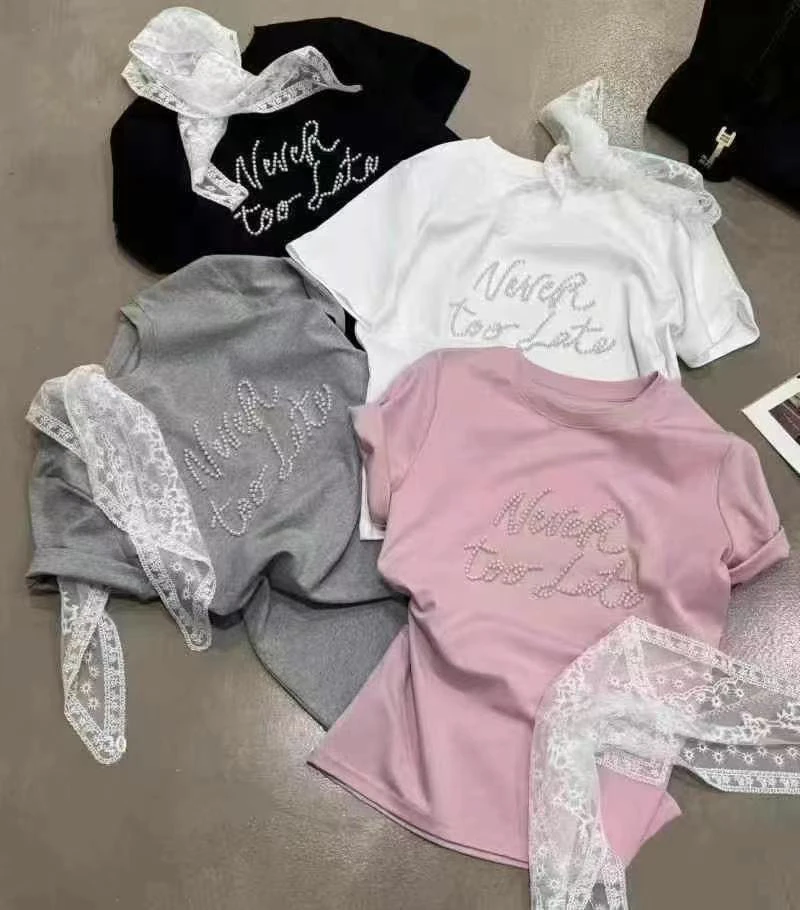 邹先森6059-30夏新款重工珍珠字母短袖T恤设计感