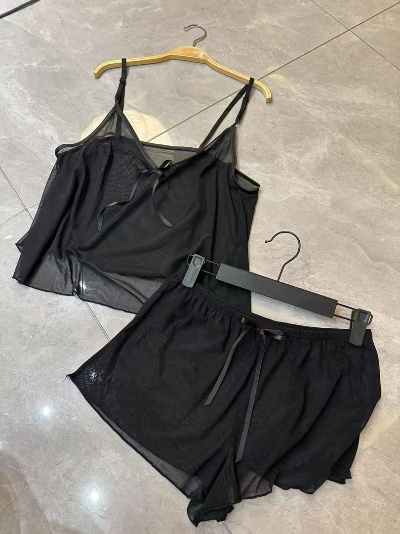 岩岩家1019性感网纱吊带短裤柔软睡衣套装纯欲显瘦凉快睡衣