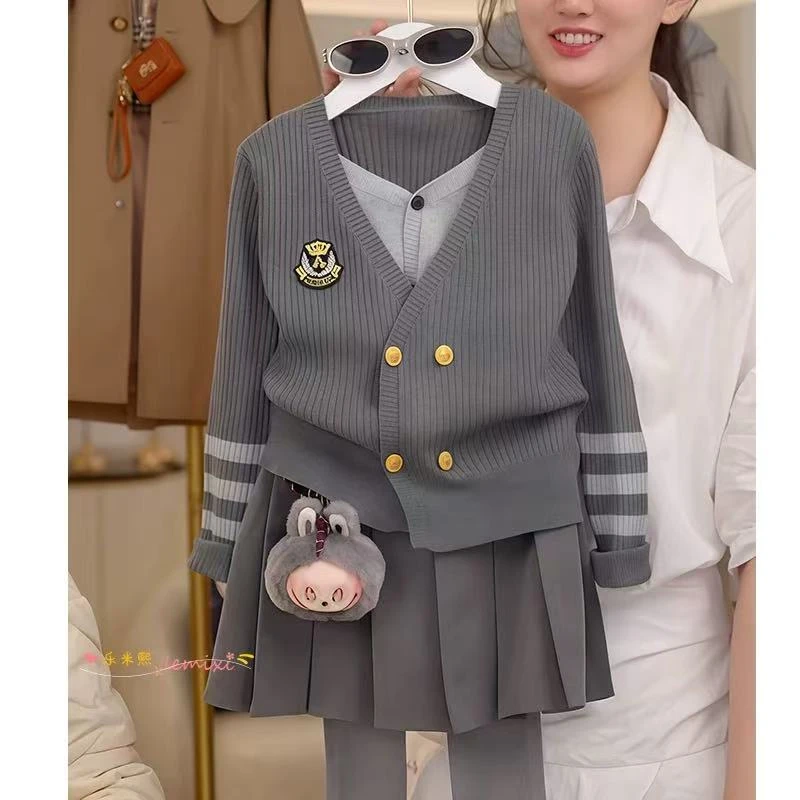 女童套装秋装2025新款儿童学院风假两件针织开衫半身裙两件套衣服