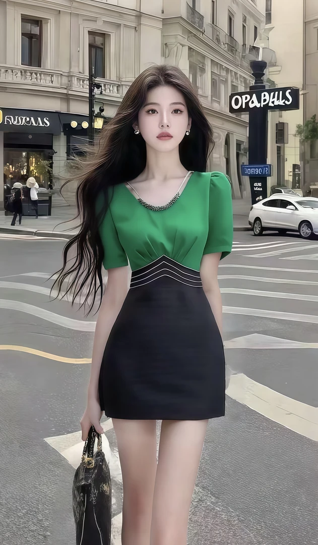 气质名媛高端大气绿色U领短袖修身收腰包臀连衣裙女夏季氛围感裙