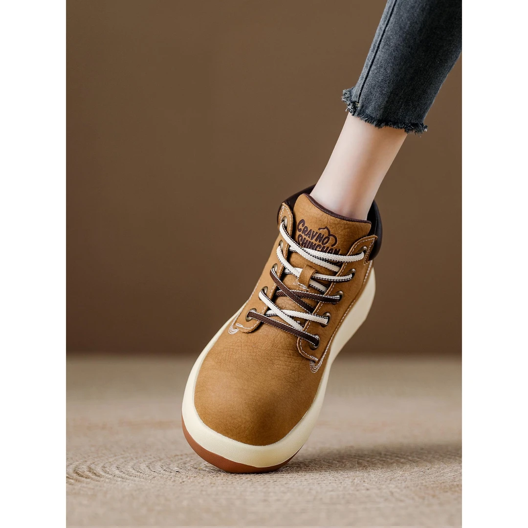 真皮厚底大头丑萌大黄靴女2025秋季新款短靴子软底轻便休闲工装靴