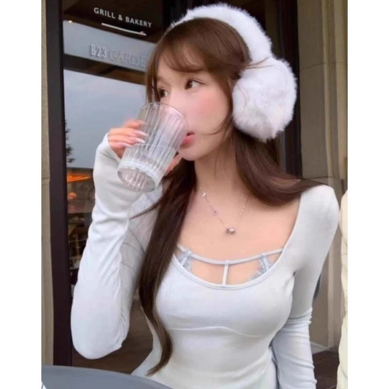 德绒保暖蕾丝假两件长袖上衣秋冬季新款方领修身独特别致绝美T恤