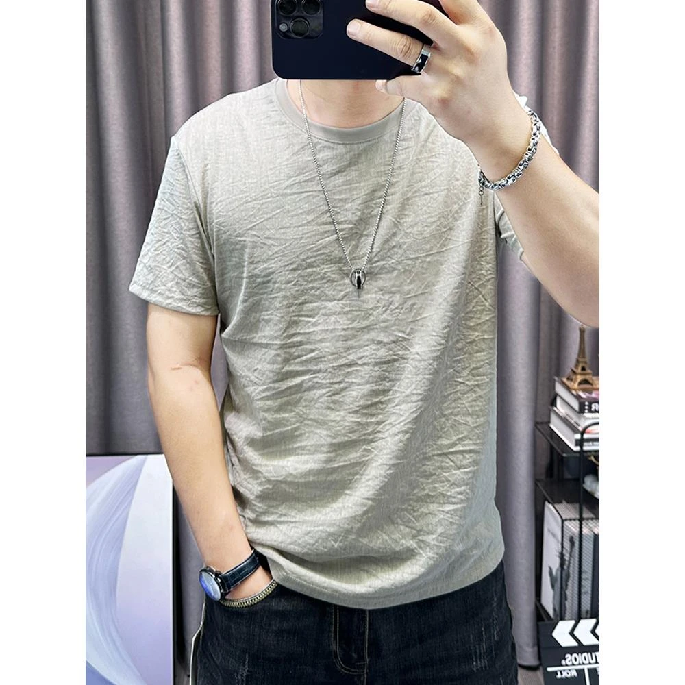 2025夏季新款棉麻男士短袖t恤修身简约圆领上衣薄款半袖麻料体恤