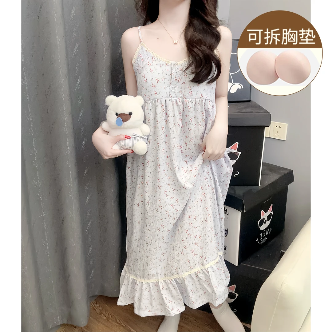 夏季睡衣薄款云朵棉女士甜美风带胸垫少女连衣睡裙家居服可外穿