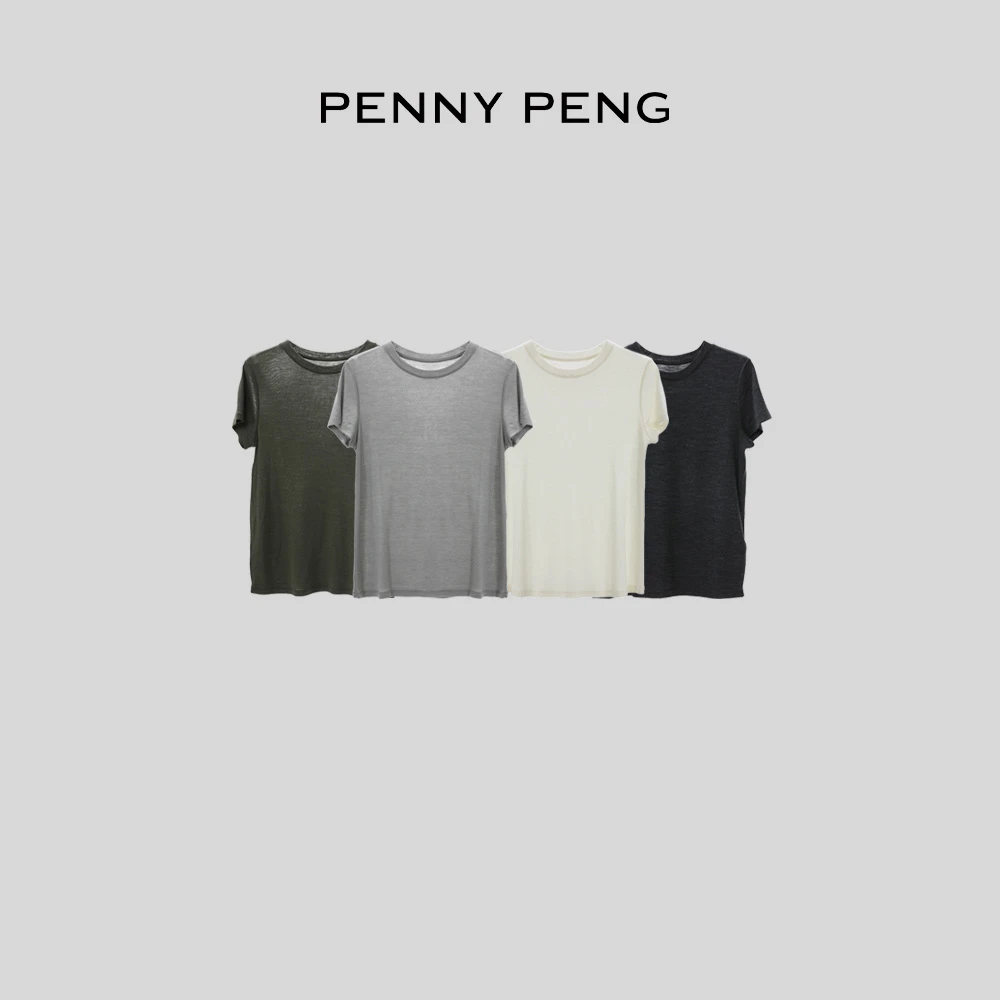 PENNYPENG温柔底色春季100绵羊毛春游出行四色圆领羊毛短袖T恤