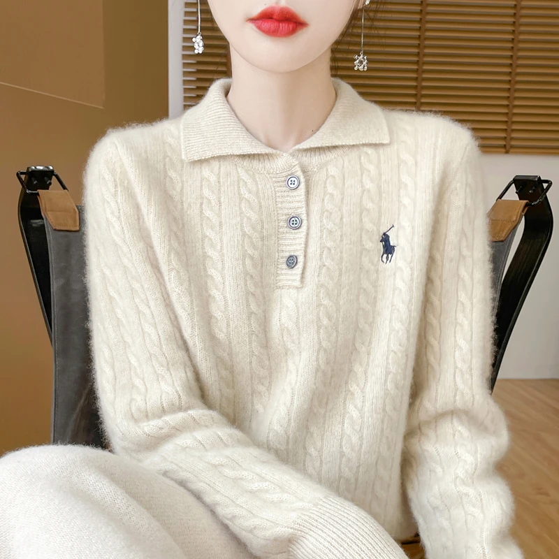 减龄时尚款~100%纯羊毛衫女POLO领扭花加厚洋气针织打底衫宽松女
