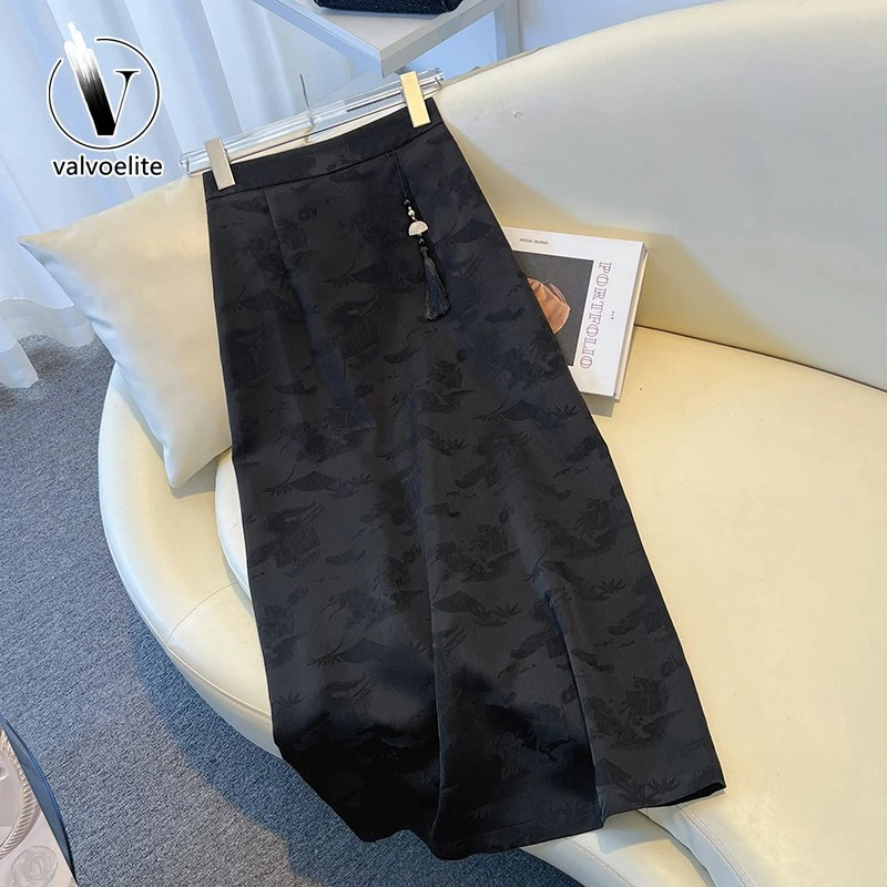 VALVOELITE大码新中式国风黑色半身裙女夏季a字裙子时尚休闲半裙