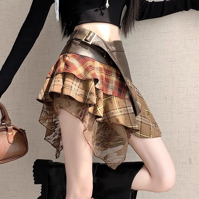 美式辣妹拼接高腰A字短裙废土风个性撞色复古格纹民族风半身裙女
