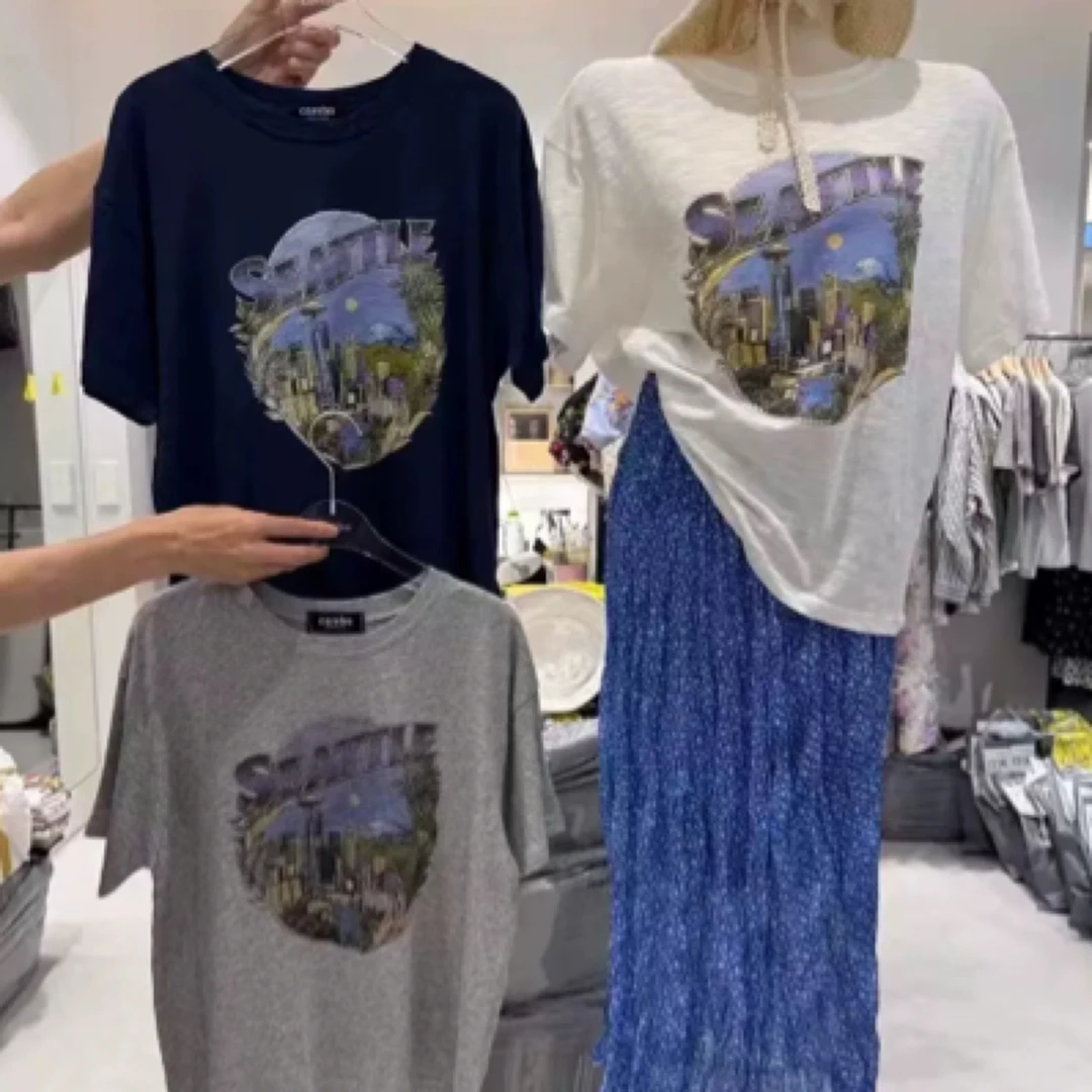 现韩国东大门代购combo女2025夏季复古圆领城市印花宽松棉短袖T恤