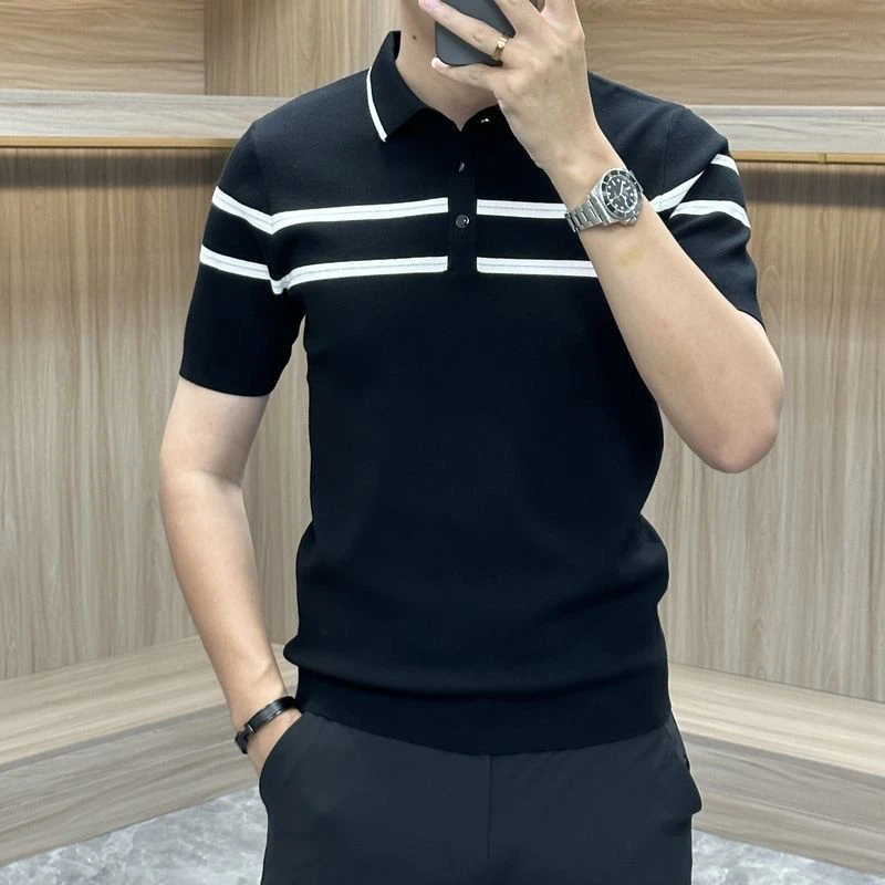 高档伊力特夏季男薄款polo衫针织条纹半袖透气吸汗休闲短袖