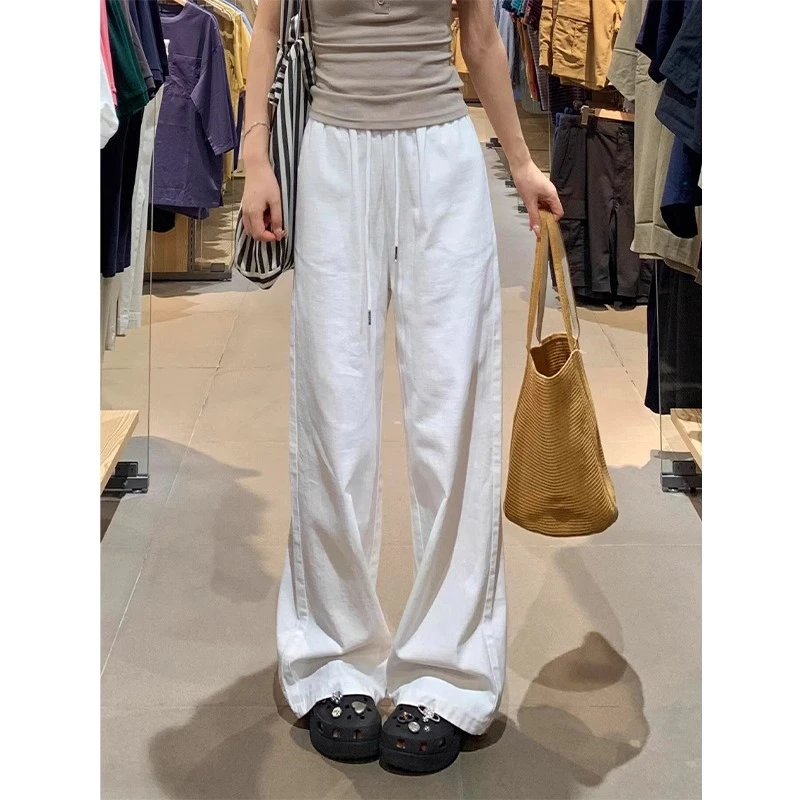 白色窄版阔腿裤女夏季2025新款高腰宽松直筒小个子休闲棉麻牛仔裤