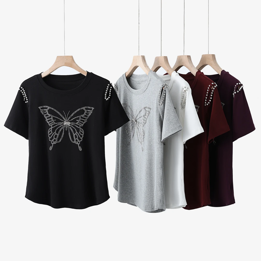 SHUOBAI/说白【露肩+钉珠】2033#减龄遮肉 显瘦休闲圆领短袖T恤