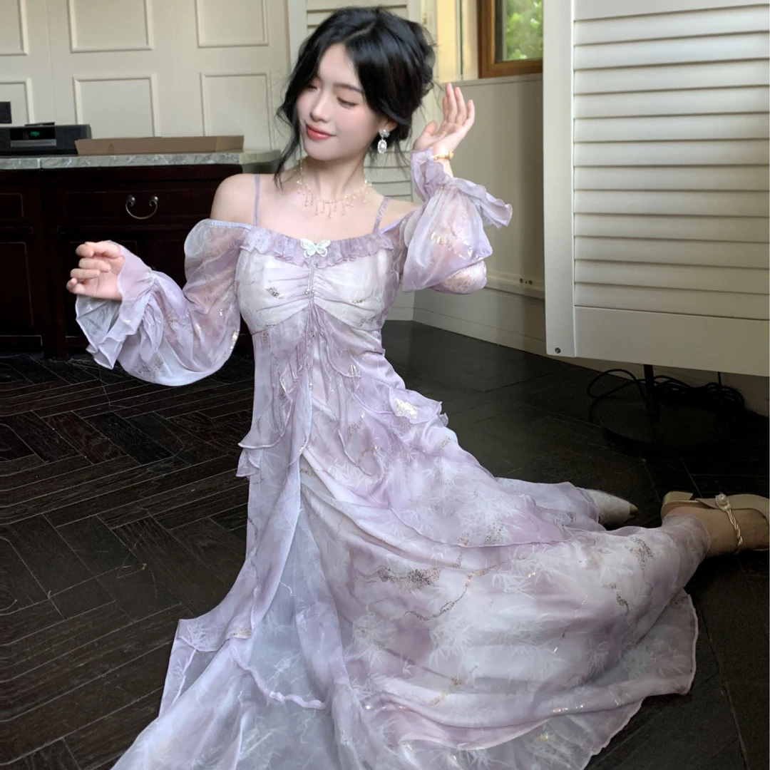 Blovelan雾霭鎏蓝 气质华丽仙气蝴蝶长袖烫金荷叶边仙女紫吊带裙