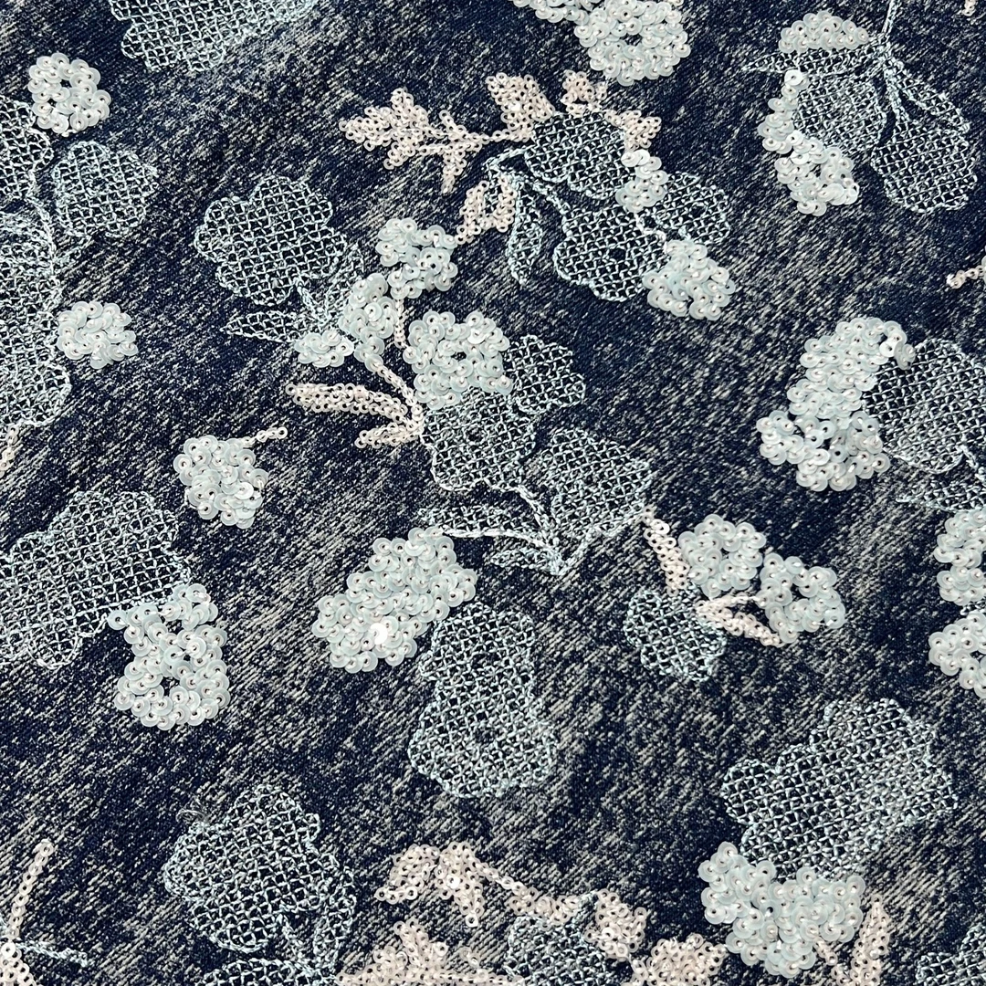 新 水洗绣花珠片牛仔 人工裁剪面料（唯品布行）