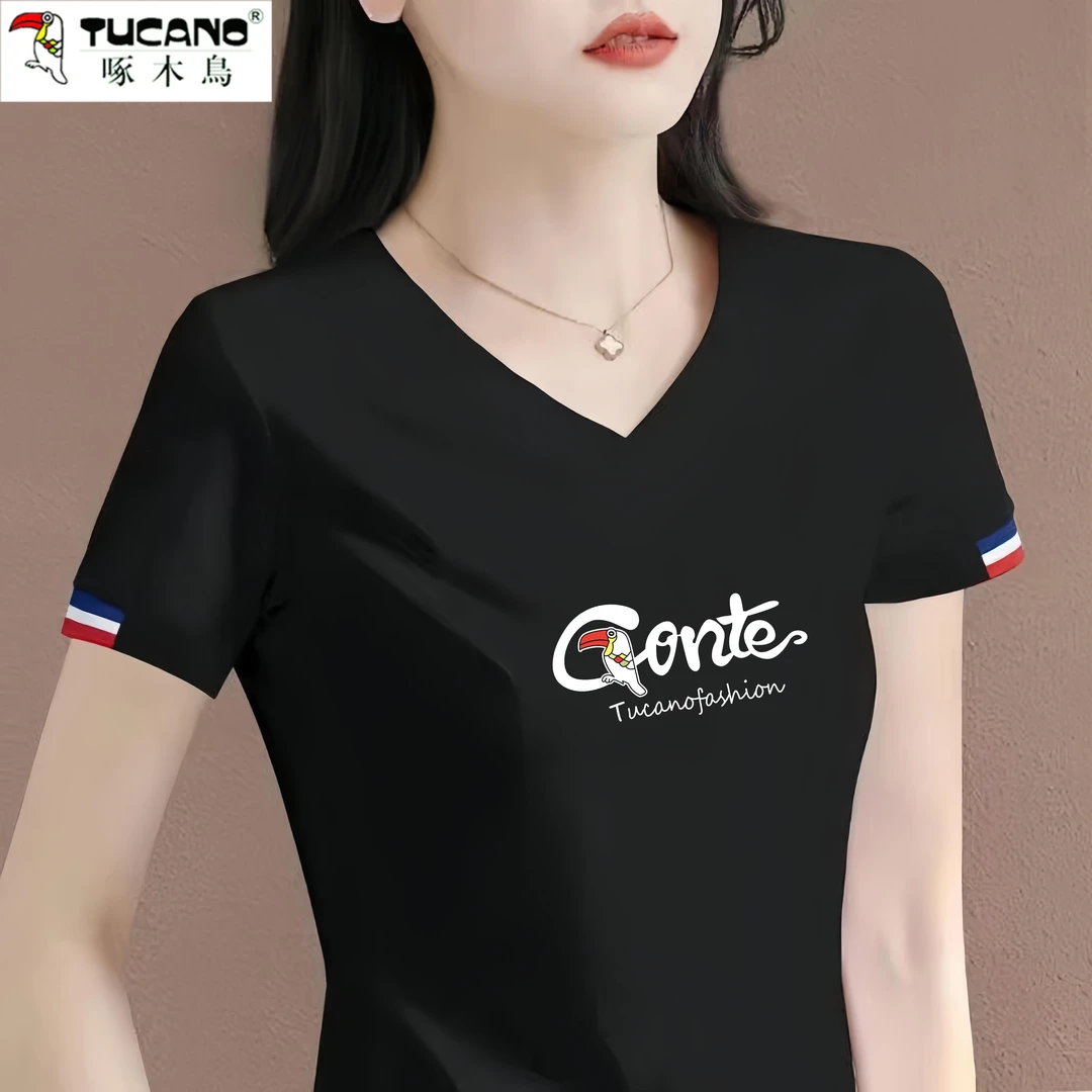 啄木鸟正品2025年新款夏季黑色V领纯棉短袖大版宽松百搭短T