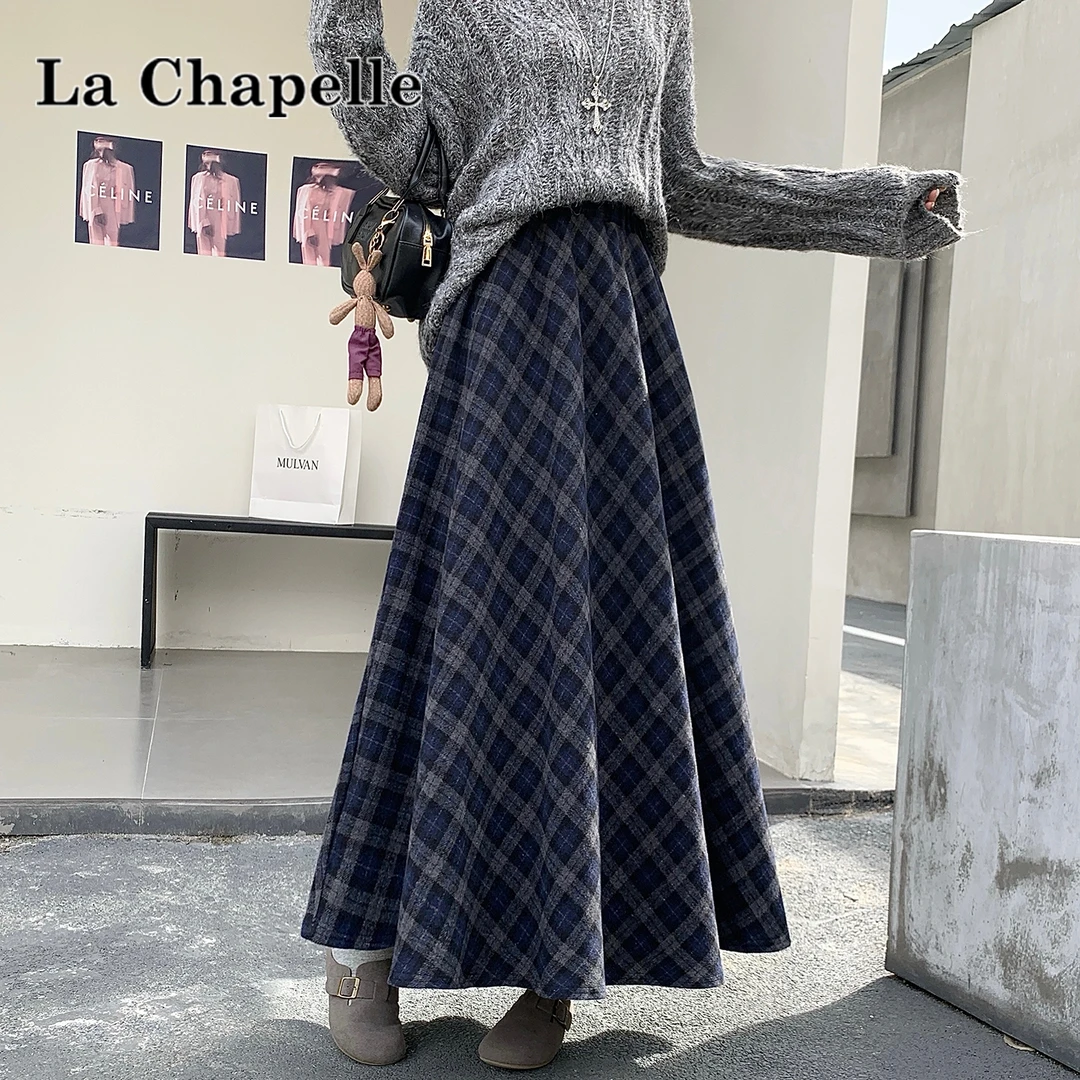 拉夏贝尔秋冬毛呢格子半身裙女百搭高腰A字加厚显瘦中长款大摆裙