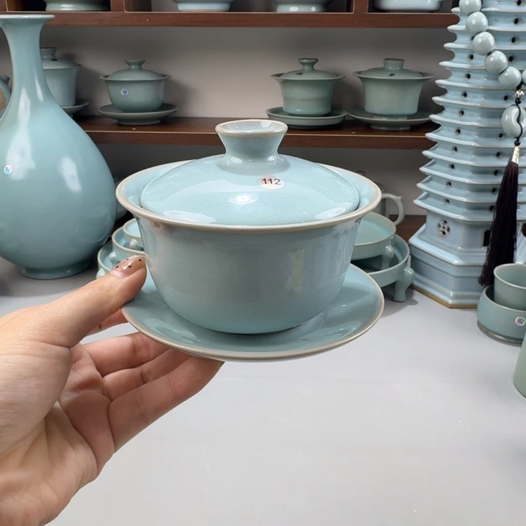 摆件陶瓷二级汝窑天青釉三才元宝盖碗编号112