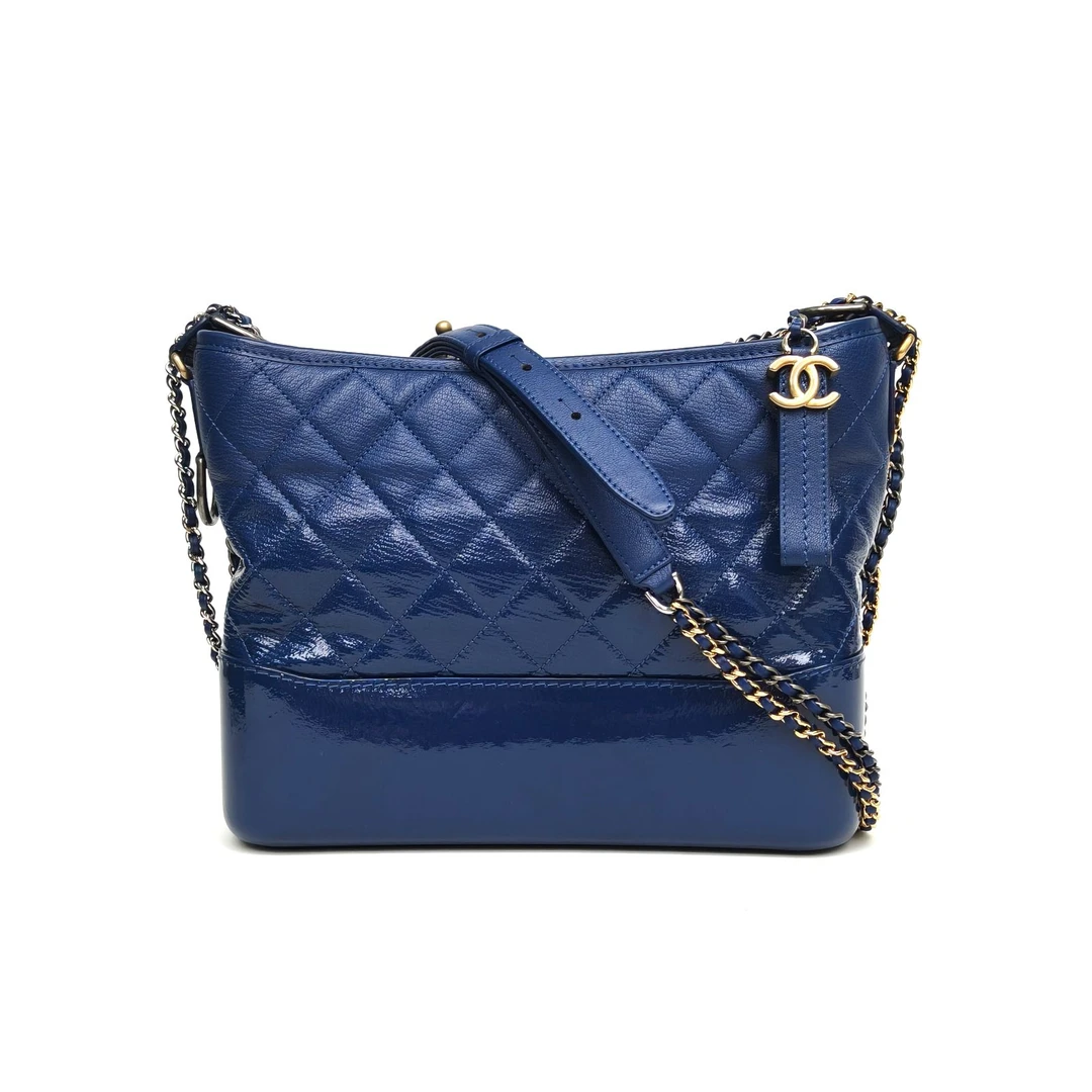 95新 Chanel/香奈儿 攀攀 流浪包 中号 墨蓝色 皮革C 25开 417455
