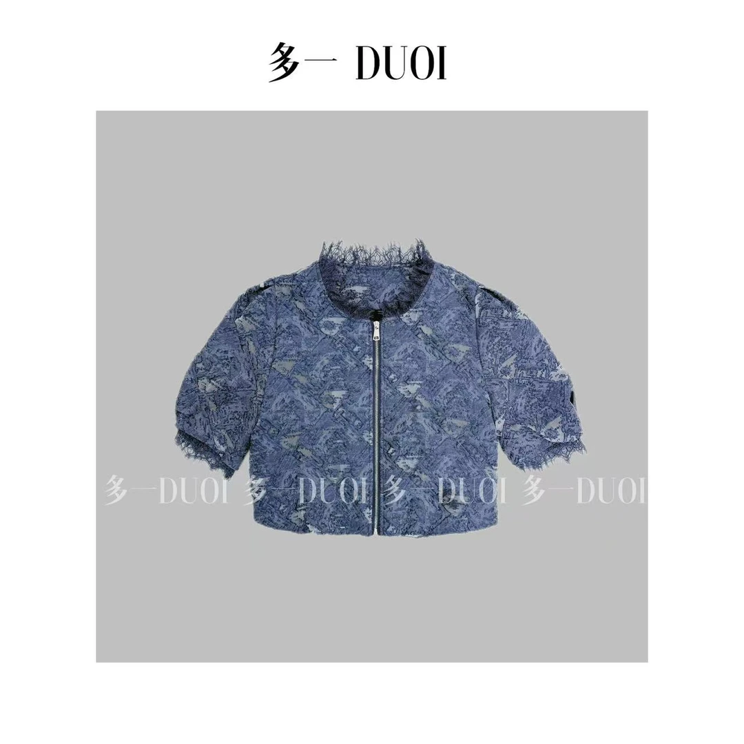 多一“流萤”2025春夏气质蕾丝花边拼接下摆松紧设计拉链上衣外套