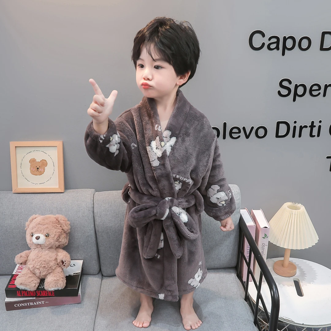 男童法兰绒睡袍冬款加绒儿童珊瑚绒浴袍宝宝可穿式加厚家居服睡衣
