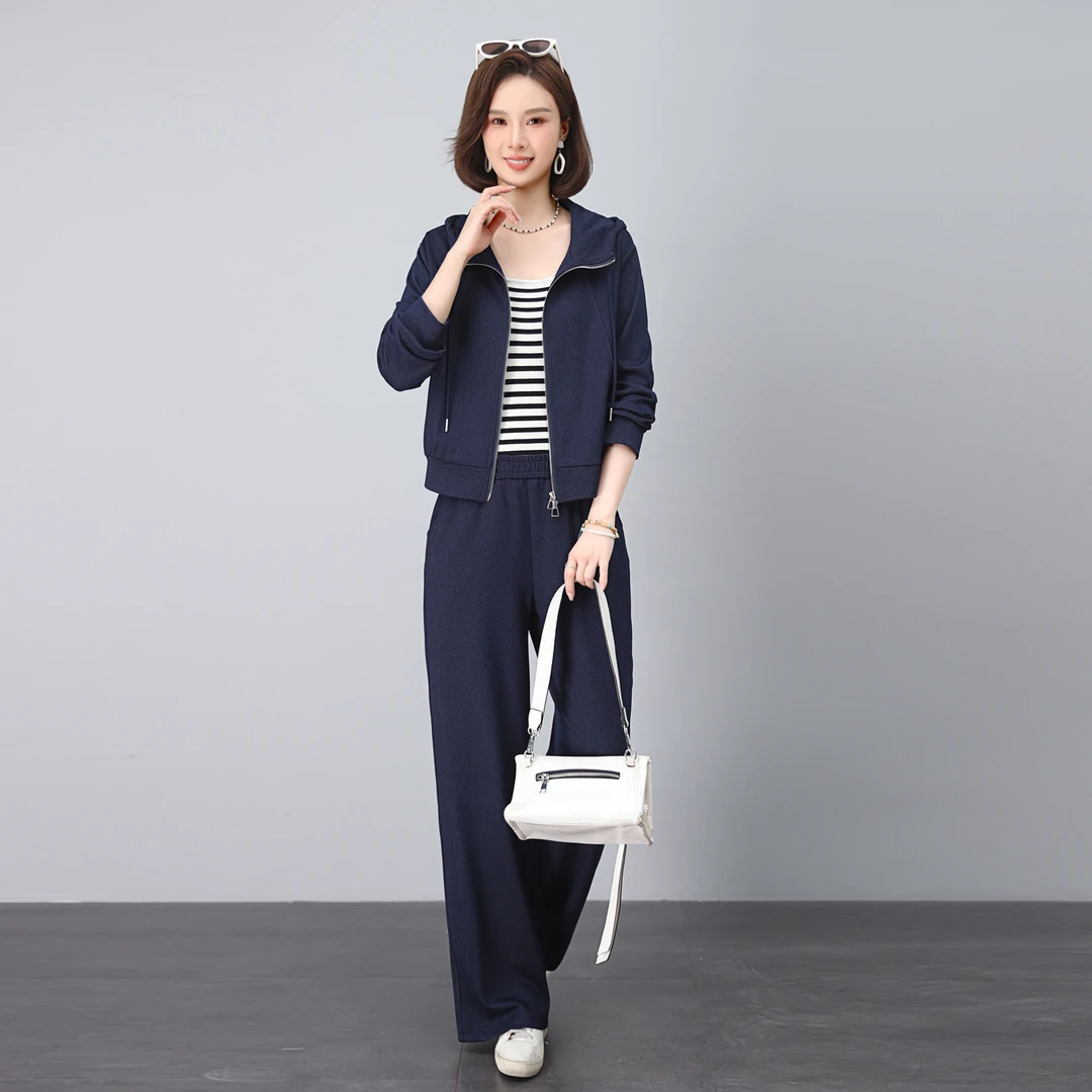 休闲时尚气质套装女秋季新款2025中年妈妈装宽松纯色直筒裤两件套